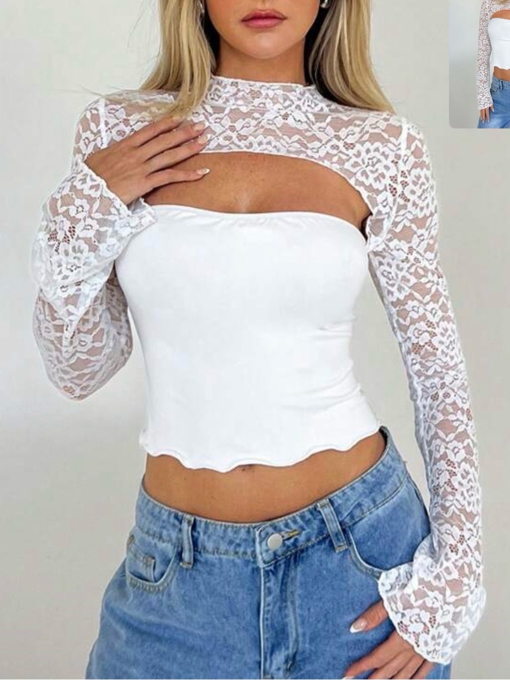 SHEIN White Lace Cutout Long-Sleeve Camisole